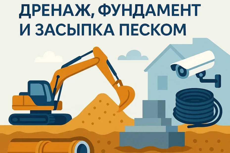 Стройка летом 2025: экскаватор, трубы, фундамент, видеокамера и дом на фоне. Использование песка для засыпки и дренажа.